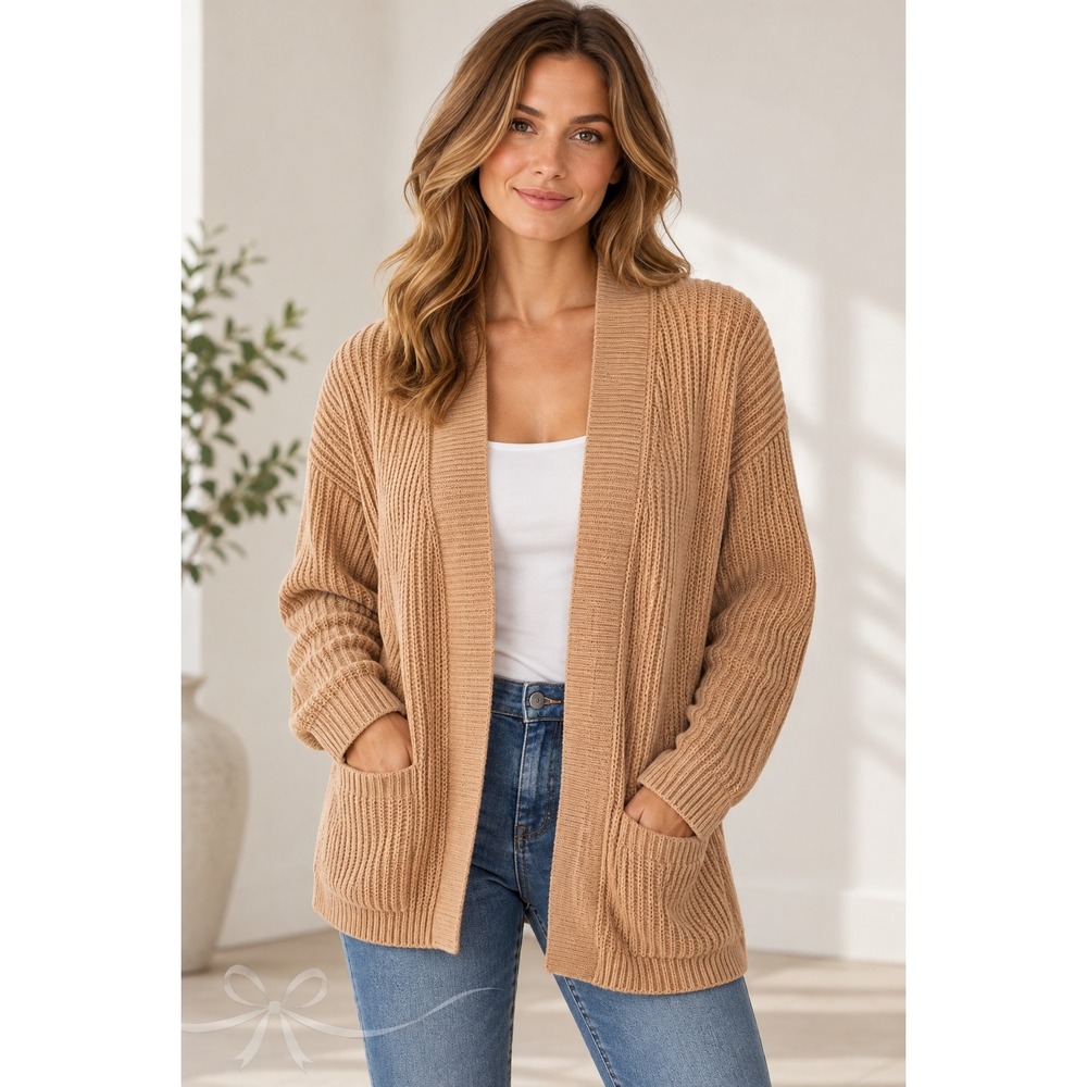 Quince Cardigan Womens Medium Tan Organic Cotton Fisherman Rib Oversized NWT